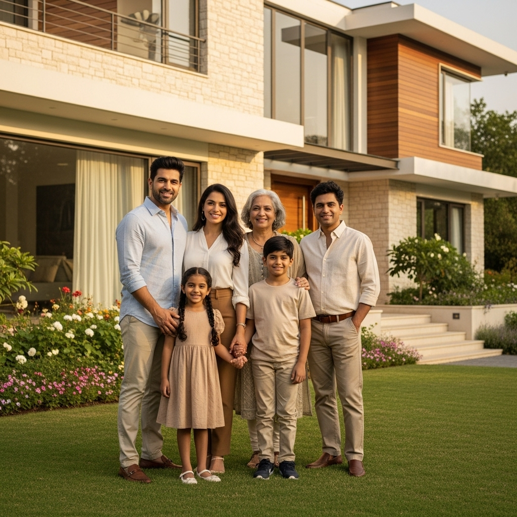 Happy family in front of their dream home