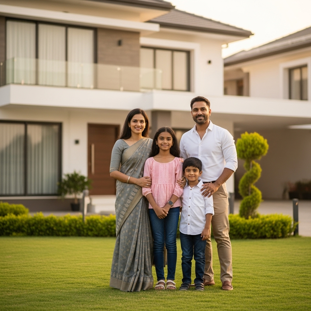 Happy family with their new home